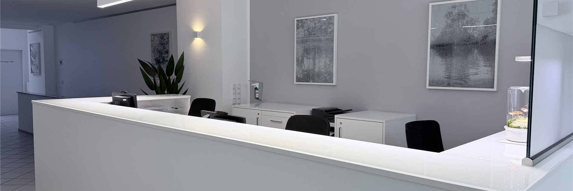 Ein moderner und minimalistisch gestalteter Empfangsbereich mit einer großen, weißen Theke, grauen Wänden und linearer Beleuchtung.
