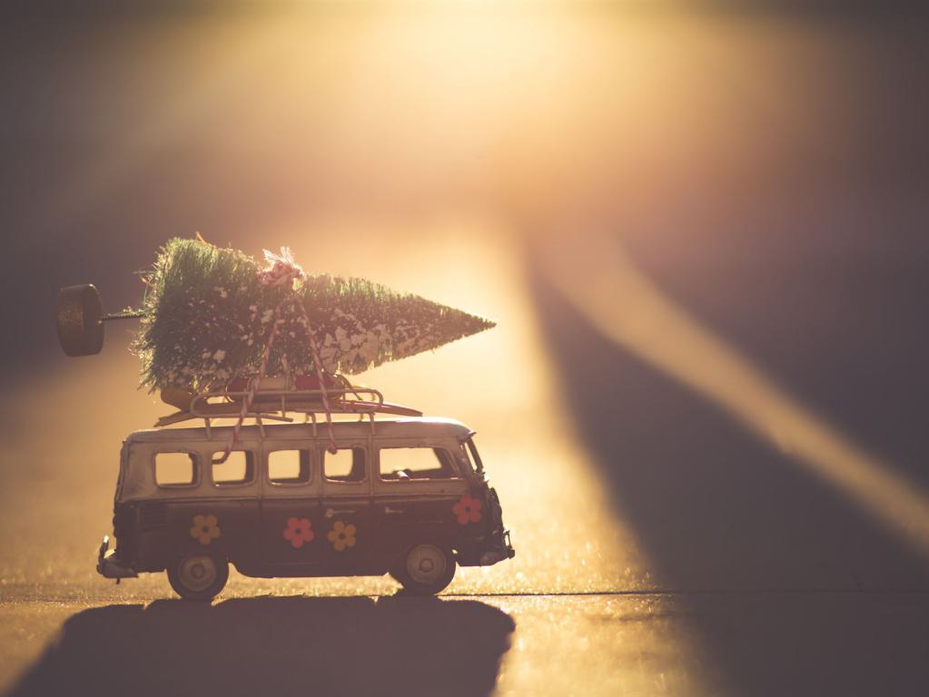 Ein Spielzeugbus mit Blumenmustern transportiert einen Weihnachtsbaum auf dem Dach. Die Szene ist in warmes Licht getaucht, was eine gemütliche Atmosphäre schafft.